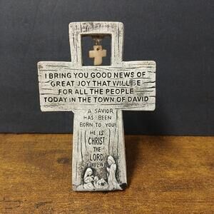 SMALL RESIN CROSS ABOUT THE JOY FOR THE BIRTH OF JESUS LUKE 2: 10-11 DESK Decor